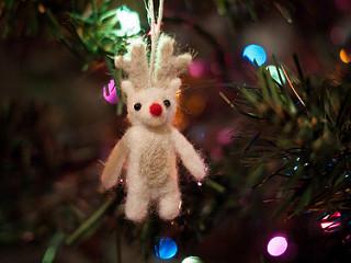 Felted reindeer ornament on tree