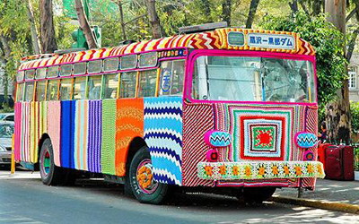 Yarn bombed bus