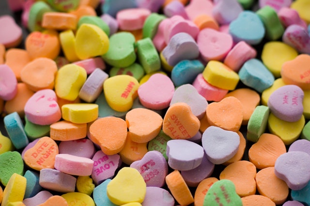 close up of candy conversation hearts