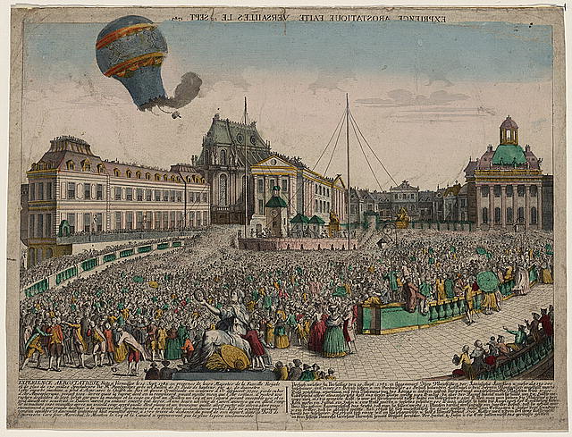 Wright Brothers The Dream of Flight, drawing of hot air balloon over crowd of people