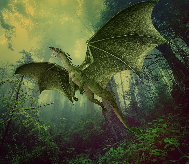 green dragon taking flight in forest