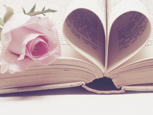 book pages folded into a heart with a pink rose