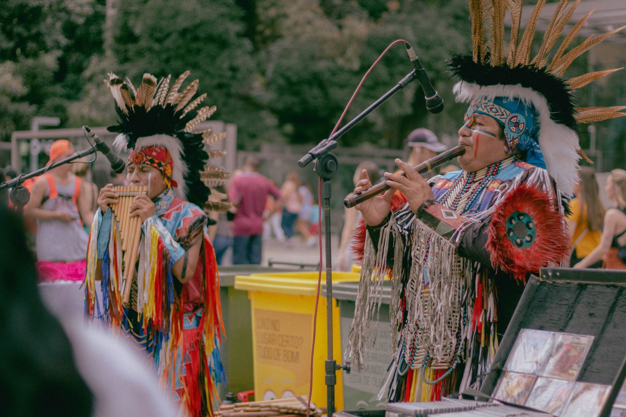 Native American men performing at a powwow. 