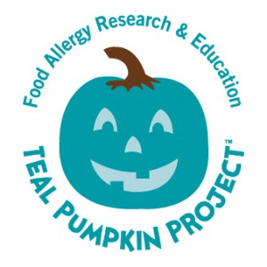 teal pumpkin with Teal Pumpkin Project, and Food Allergy Research & Education text