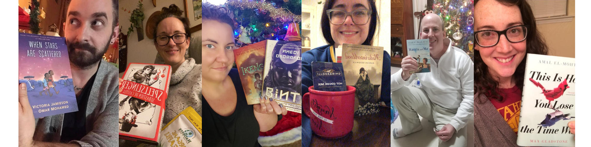 collage of people smiling and holding up books