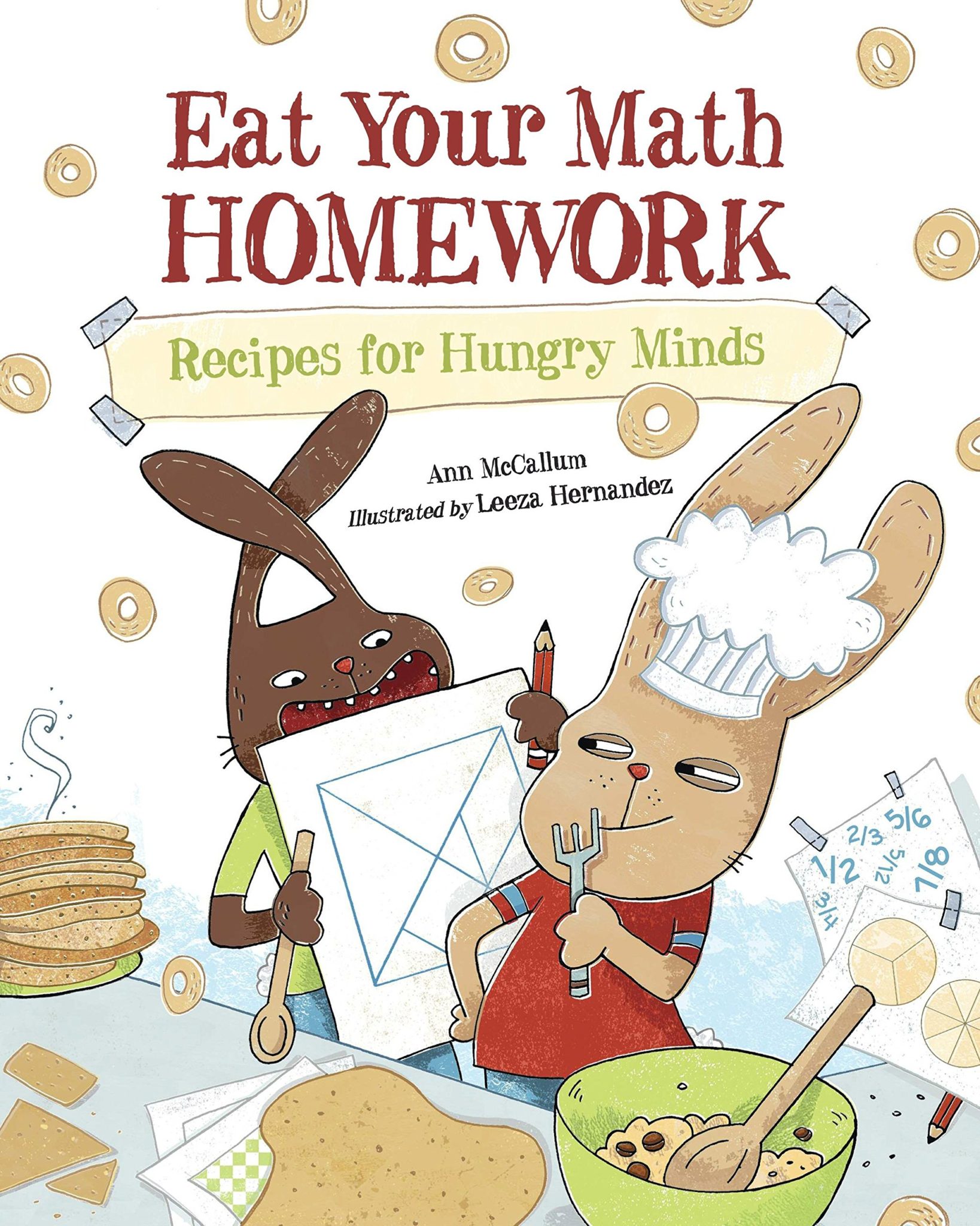 The cover of "Eat Your Math Homework" features two silly bunnies in a messy kitchen. One bunny holds a large chart demonstrating tangrams. The other bunny wears a chef hat and contemplates the chart.