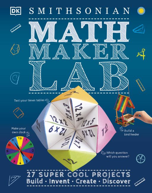 The cover of "Math Maker Lab" features STEM crafts including a homemade clock, a paper fortune teller, and a popsicle stick bird feeder.