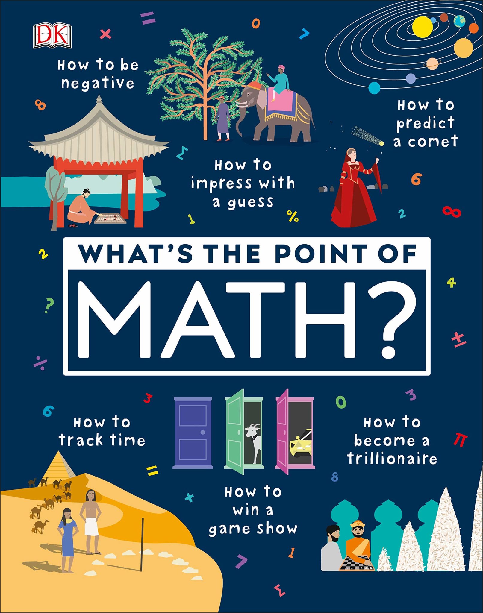 The cover of "What's the Point of Math" features illustrations of several people throughout time and around the world doing math tasks, such as building pyramids and gazing at the stars. 