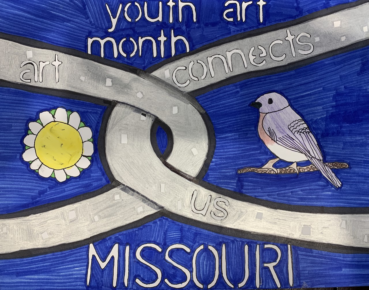 2022 Youth Art Month winning flag design for Missouri by 6th grader Lula George. The design features a blue background over which two pieces of chain are linked together. Text of the 2022 theme “Art Connects Us” runs through the chain links. Inside the negative space on the left side of the flag is a white flower with yellow center, a representation of the state flower, the hawthorn. Inside the negative space on the right side of the flag is a drawing of a bird, a representation of the state bird, the eastern bluebird. At the top-center of the flag, text reads “youth art month,” while at the bottom-center text reads “Missouri.”