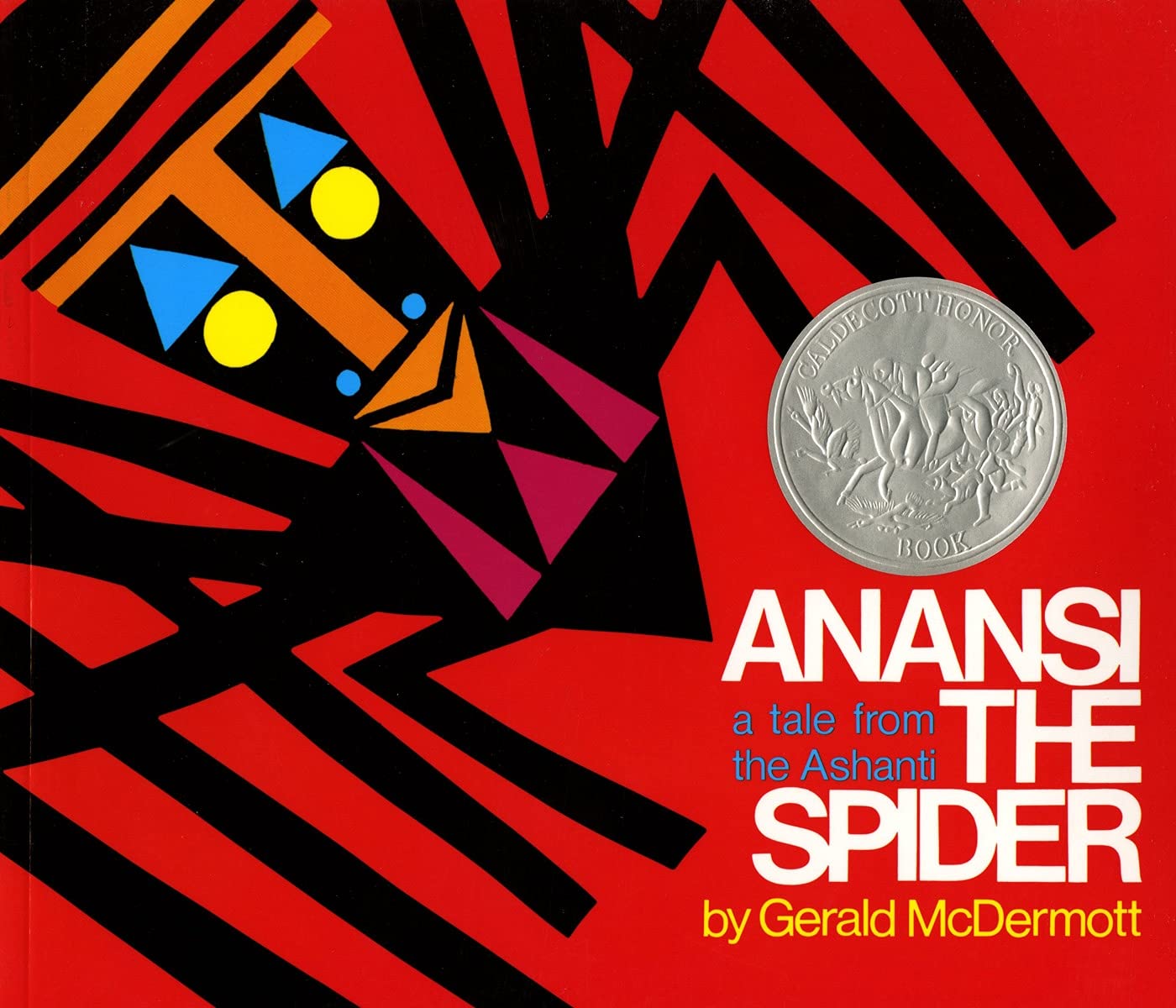 Cover of Anansi the Spider, featuring a two-dimensional image of Anansi, a spider with a human-like face, against a red background.