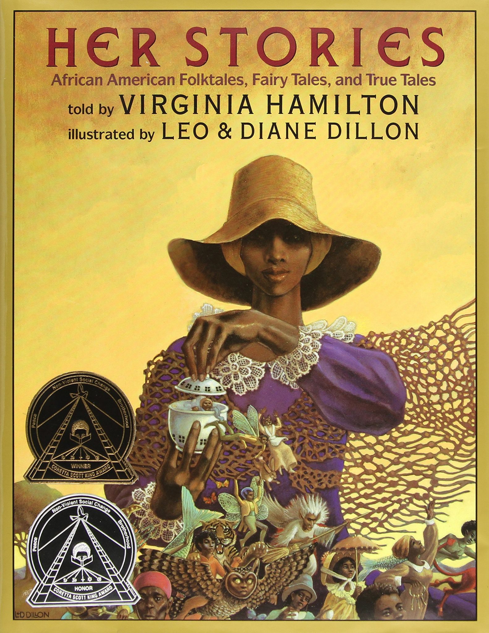 Cover of Her Stories featuring a Black woman wearing a floppy sun hat, purple dress with white lace on the collar and cuffs, and a knotted rope shawl. The woman holds a small white vessel in her hands, from which a cast of folktale characters and fantastic creatures in miniature are emerging.
