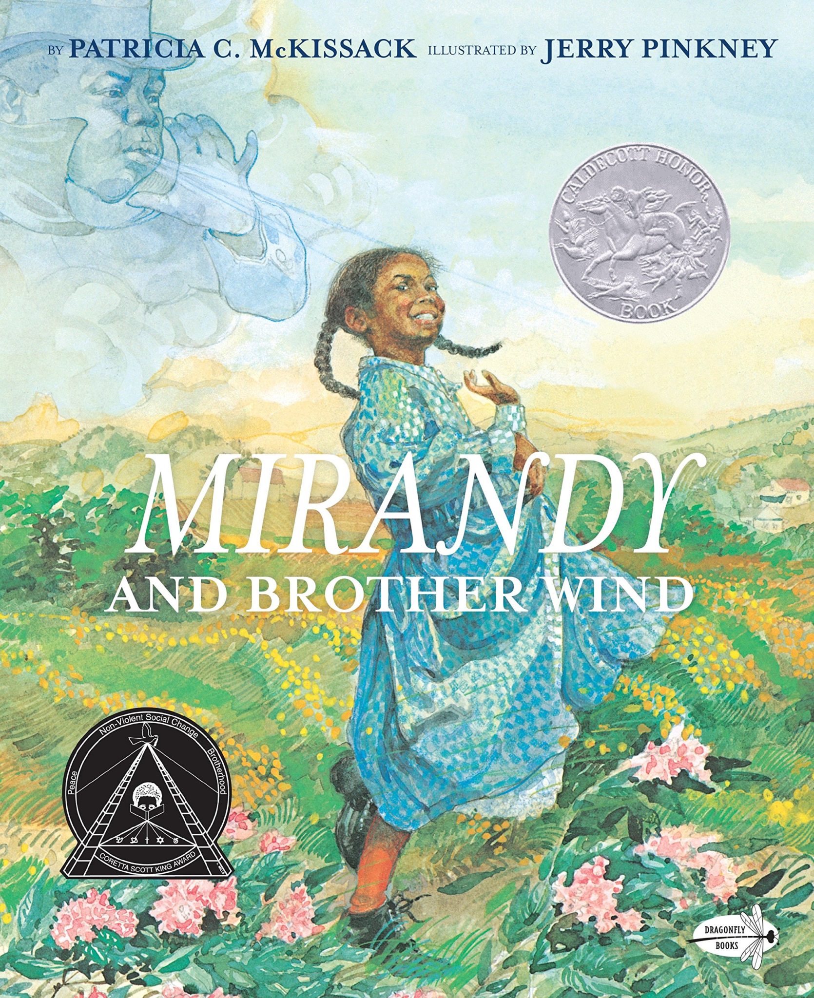 Cover of Mirandy and Brother Wind, featuring a watercolor illustration of Mirandy, a young Black girl in a blue and white speckled dress. Mirandy is smiling in a field of wild flowers while Brother Wind, depicted as a transparent Black man in a top hat and suit jacket, blows from the sky behind Mirandy.