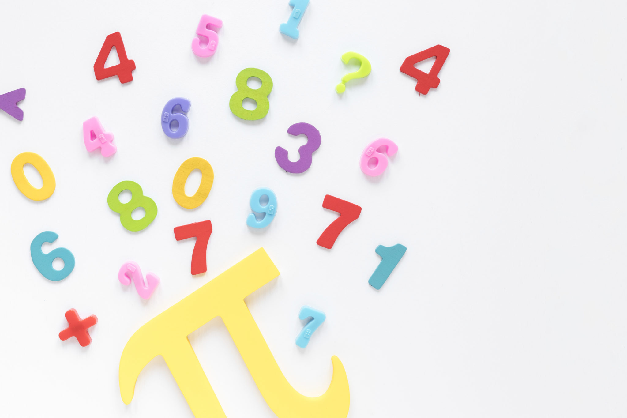 A large pi symbol surrounded by colorful numbers on a plain white background.