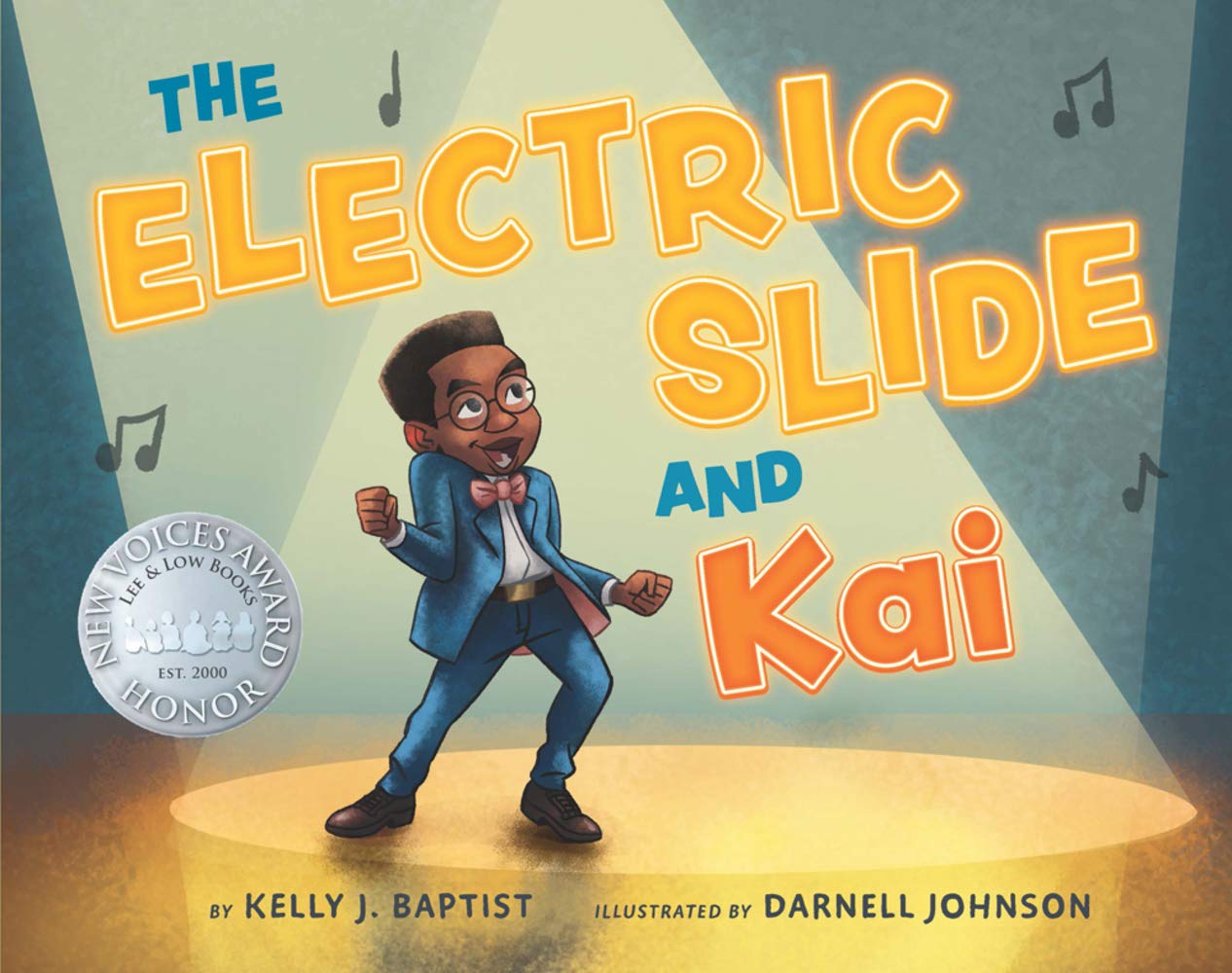 The cover of the book "The Electric Slide and Kai" features a Black boy in a blue suit joyfully dancing in the spotlight as music notes fill the air.