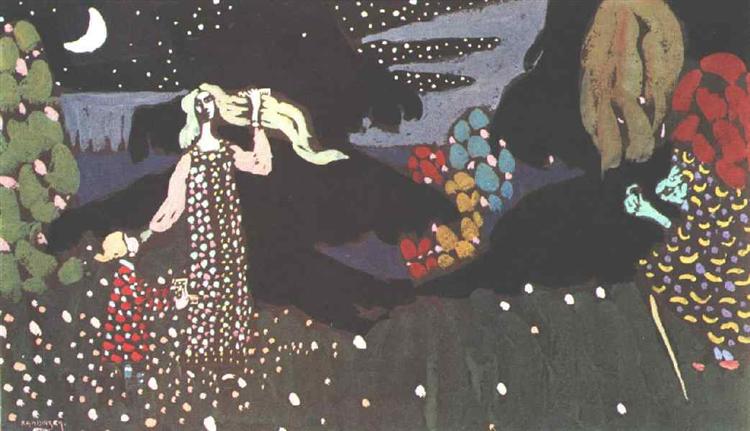 Image of artist Wassily Kandinsky’s 1907 painting “Night” which features a young child staring up at a woman combing her hair in the middle of a forest at night with a crescent moon overhead. On the right side of the painting a witch-like figure appears to be beckoning the child and woman with a curled greenish-blue finger. 