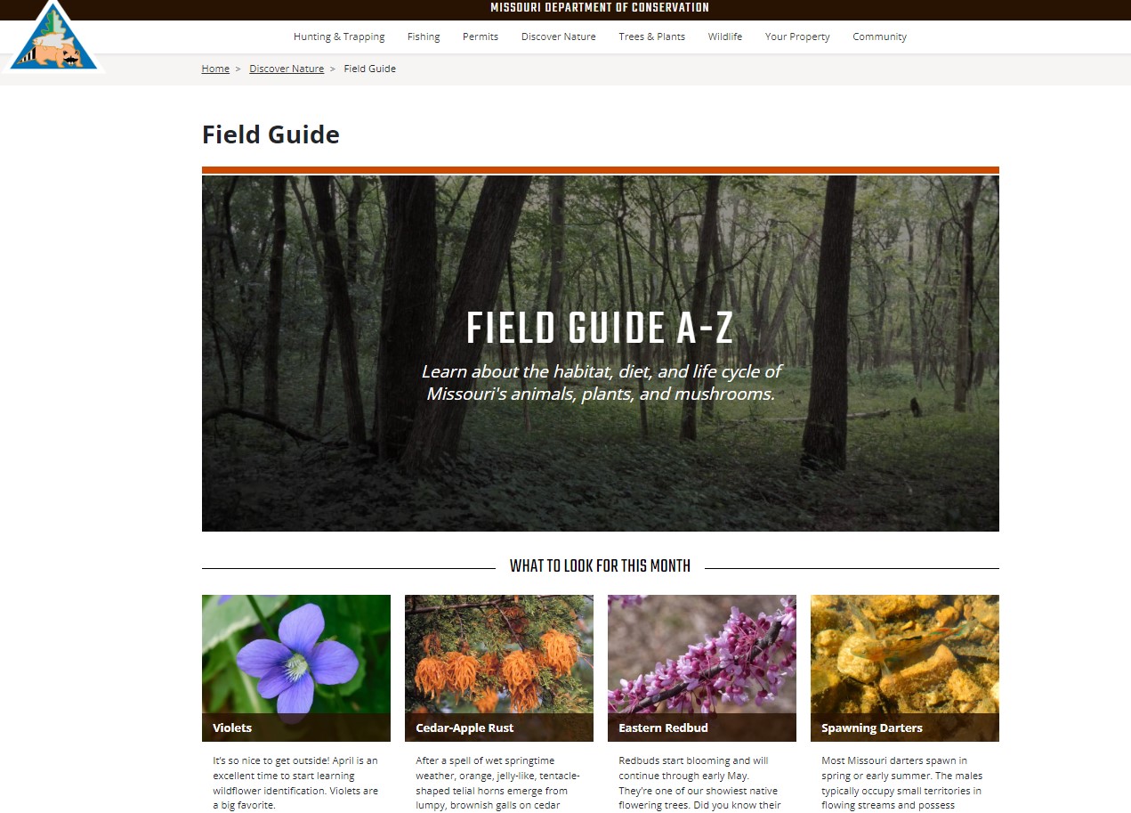 Digital screenshot of the electronic homepage of the Missouri Department of Conservation's Field Guide.