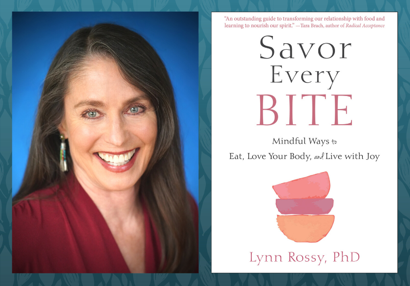 on left, a photo of a smiling woman with brown hair, and on the right, her book titled "Savor every bite"