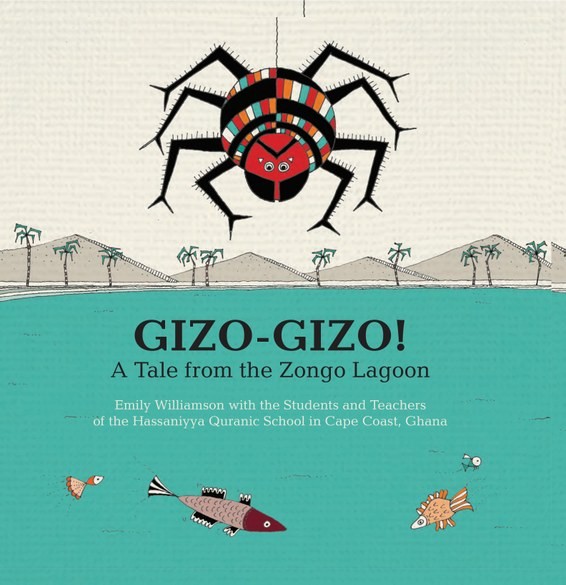 The cover of the book "Gizo-Gizo!" features a mischievous-looking spider hanging from a web string over a blue lagoon filled with concerned-looking fish.