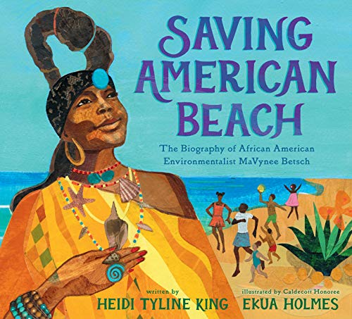 The cover of the book "Saving American Beach" features a mixed-media collage of MaVynee Betsch smiling proudly on a beach. Children play with a beachball in the background.