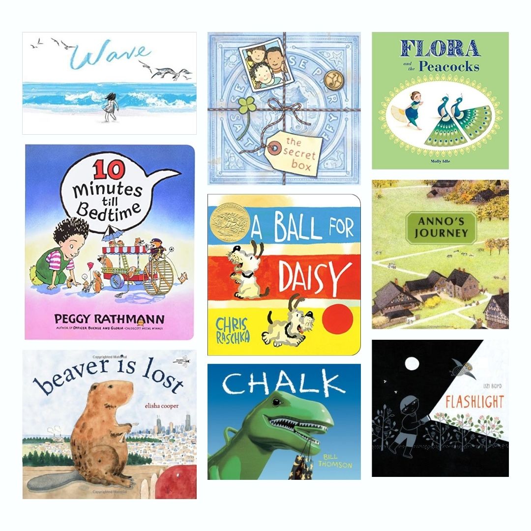 Composite graphic featuring the cover images for 9 books: Wave by Suzy Lee; The Secret Box by Barbara Lehman; Flora and the Peacocks by Molly Schaar Idle; 10 Minutes Till Bedtime by Peggy Rathmann; A Ball for Daisy by Christopher Raschka; Anno’s Journey by Mitsumasa Anno; Beaver Is Lost by Elisha Cooper; Chalk by Bill Thomson; and Flashlight by Lizi Boyd.