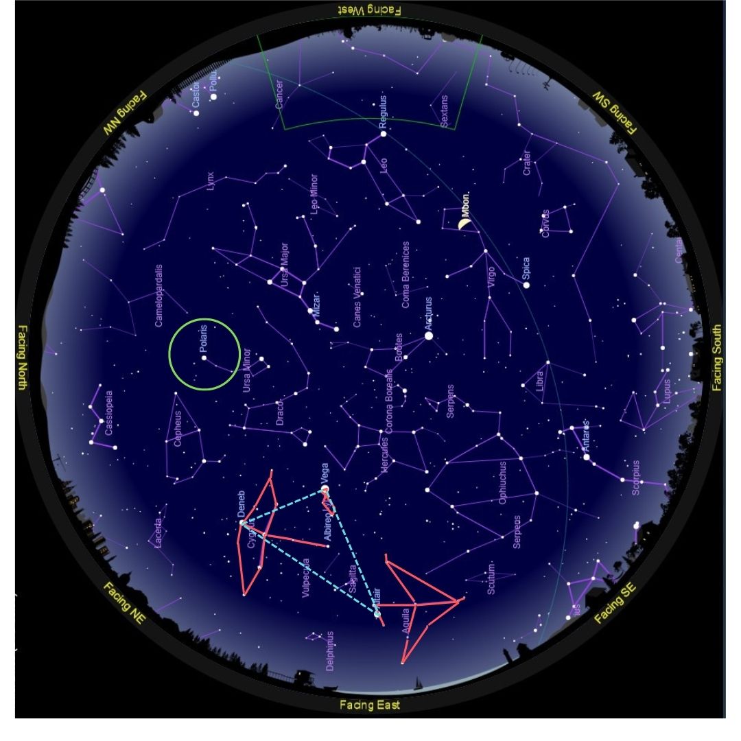 Sky-map featuring three constellations outlined in orange: Cygnus, Lyra, and Aquila. Three stars from these constellations (Deneb, Vega and Altair) are connected by blue dotted lines to form the Summer Triangle asterism. A green circle outlines Polaris, a star at the tail end of the constellation Ursa Minor.