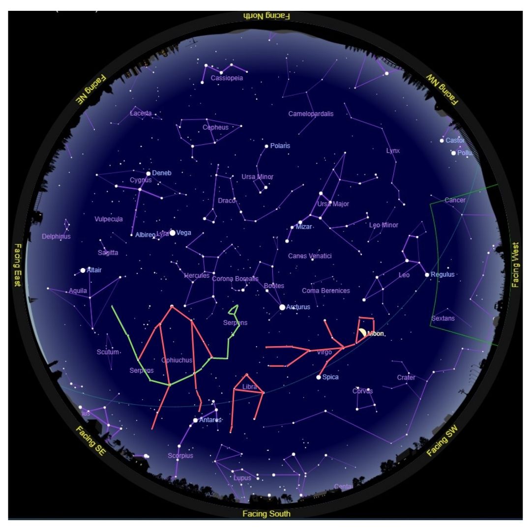 Sky-map featuring the constellations Ophiuchus, Libra, and Virgo, outlined in orange; and the constellation Serpens outlined in green. 