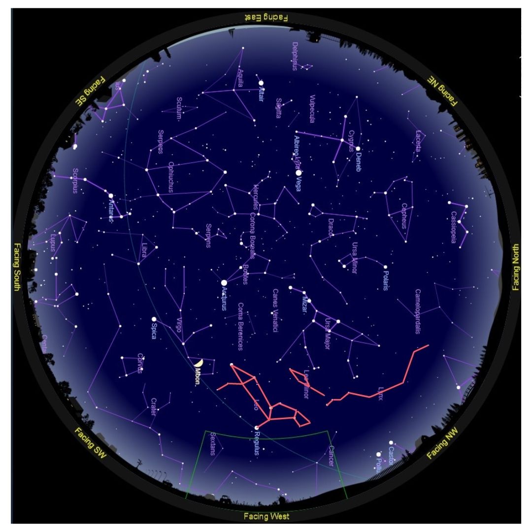 Sky-map featuring the constellations Leo, Leo Minor, and Lynx, outlined in orange.