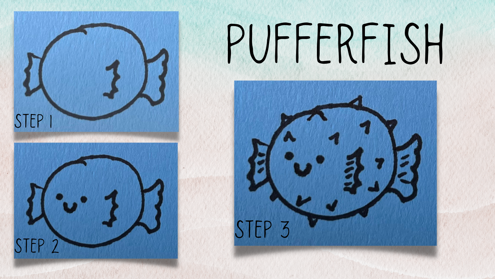 Pictures of how to draw a kawaii pufferfish.