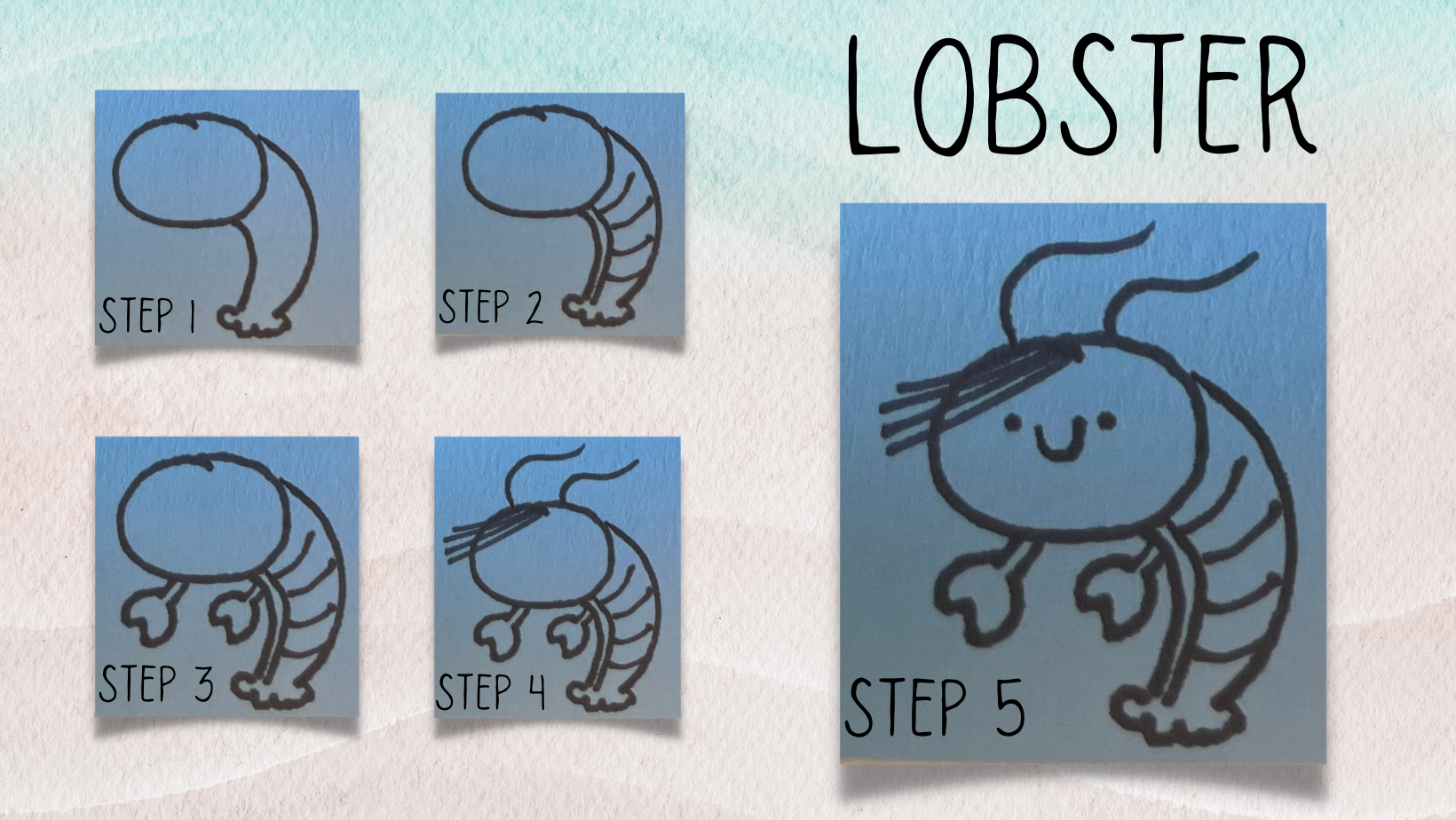 Pictures of how to draw a kawaii lobster.