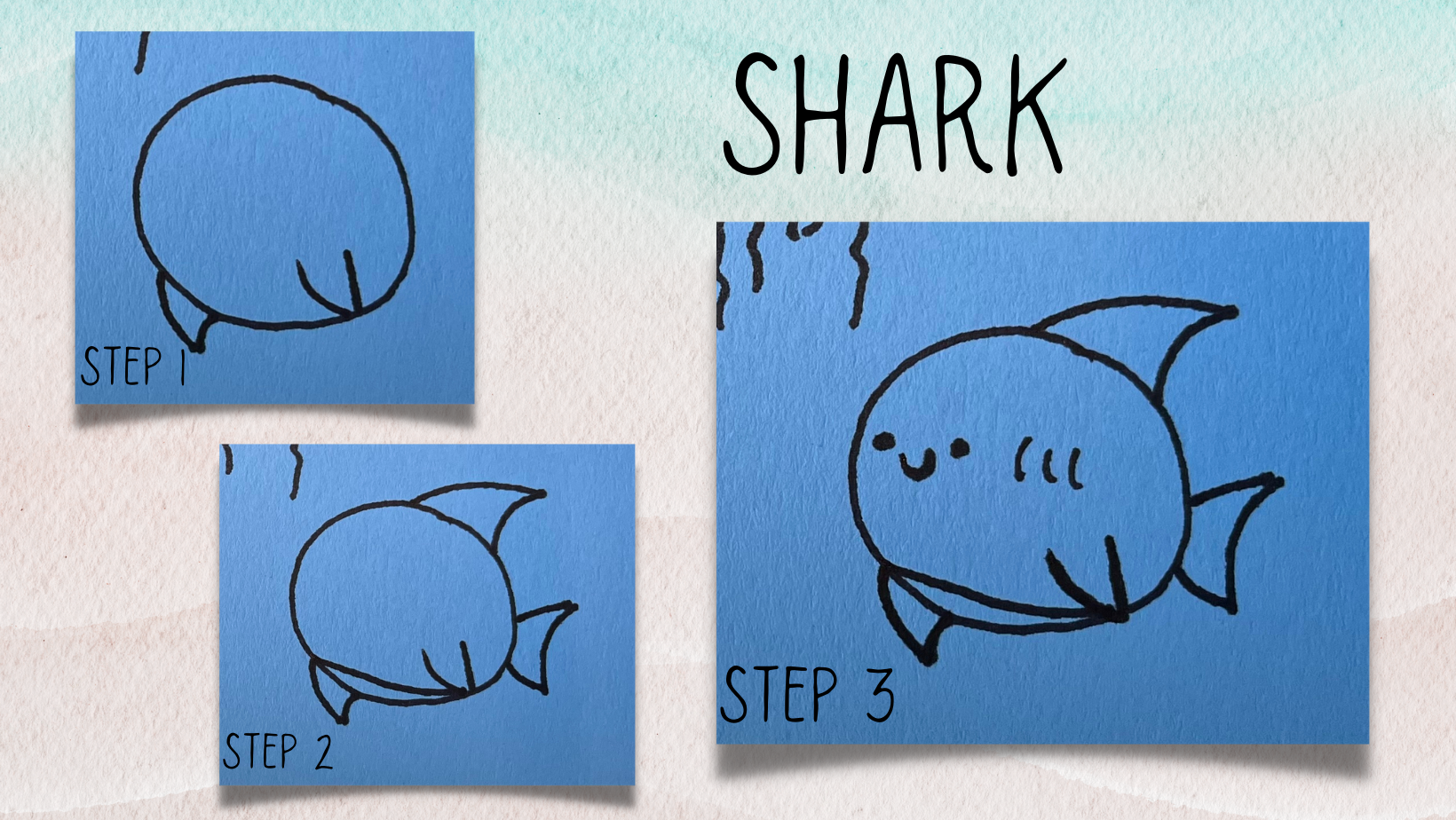 Pictures of how to draw a kawaii shark.