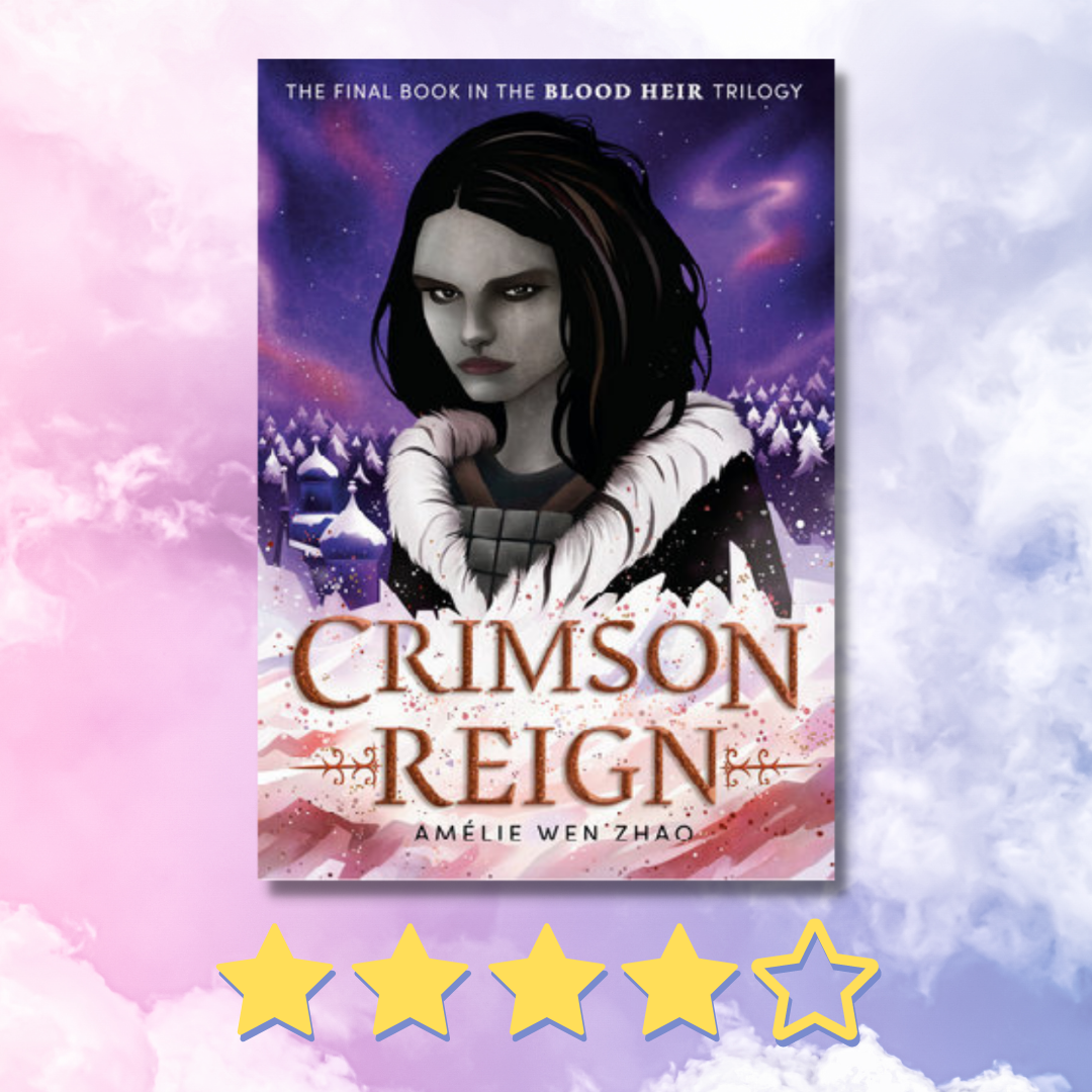 Image of "Crimson Reign" book cover with 4/5 stars and a pink and purple cloud background.