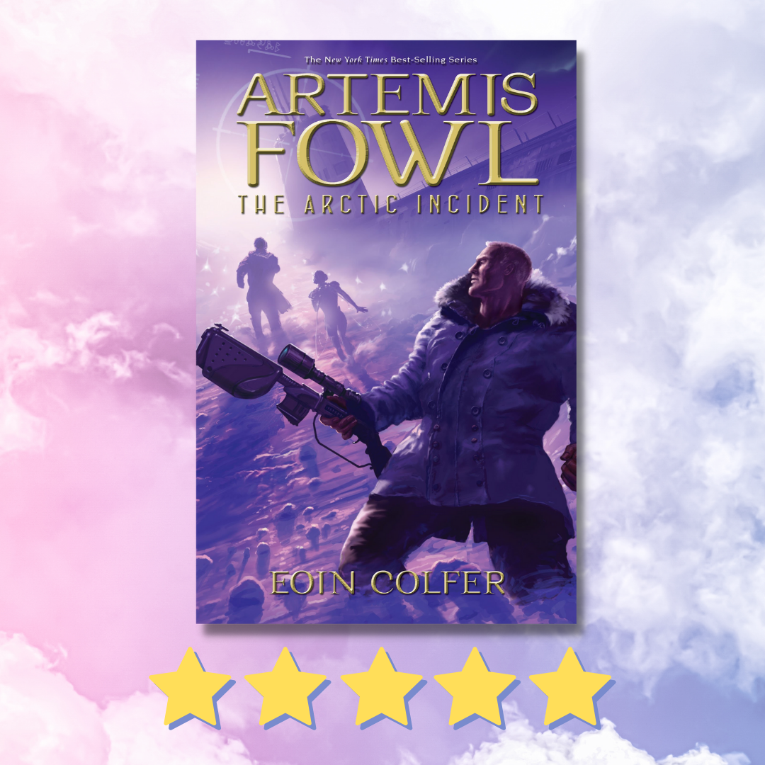 Image of "The Arctic Incident" book cover with 5 stars and a pink and purple cloud background.