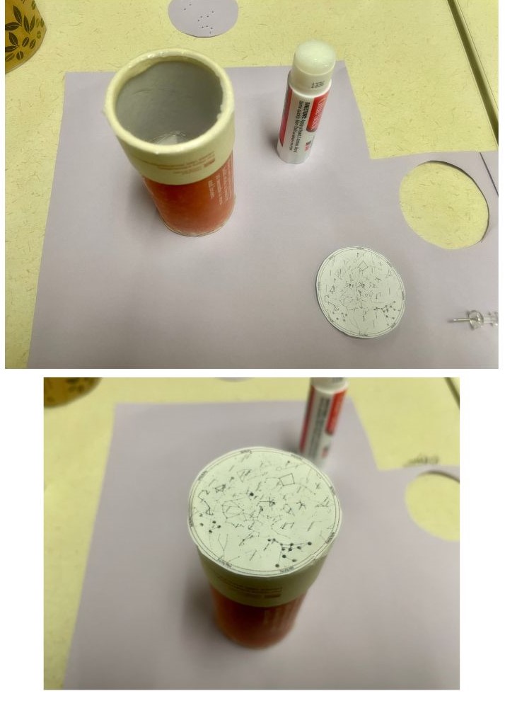 Two images demonstrating how to glue a circular star-map onto a cardboard tube.