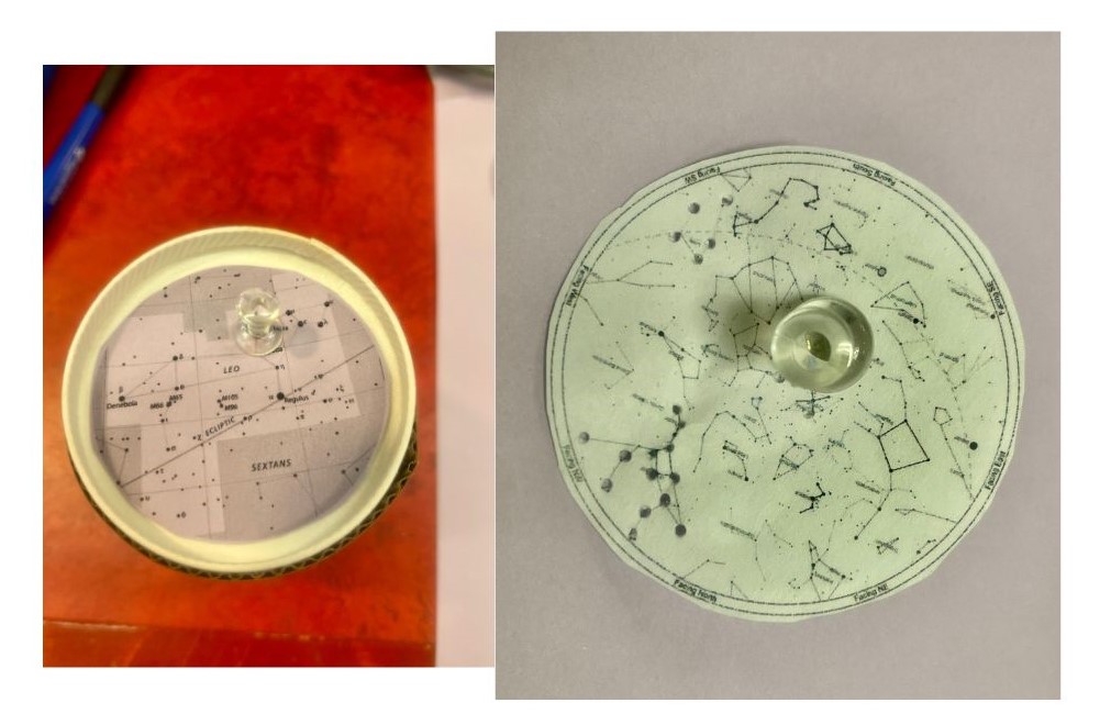 Two images illustrating how to use a pin to incise small holes into two star-maps. In the first image, the circular star-map is laid on the bottom of the upside-down paper cup, and the pin is pushed through the map and the cup’s bottom, transferring the map onto the bottom of the cup. In the second image, the circular star-map is laid on top of another sheet of paper; the pin is pushed through both the map and the bottom sheet of paper to prevent the delicate map from ripping while being incised.
