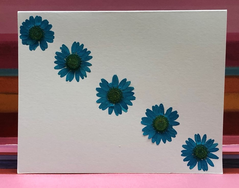 pressed blue flowers glued to the front of a white card