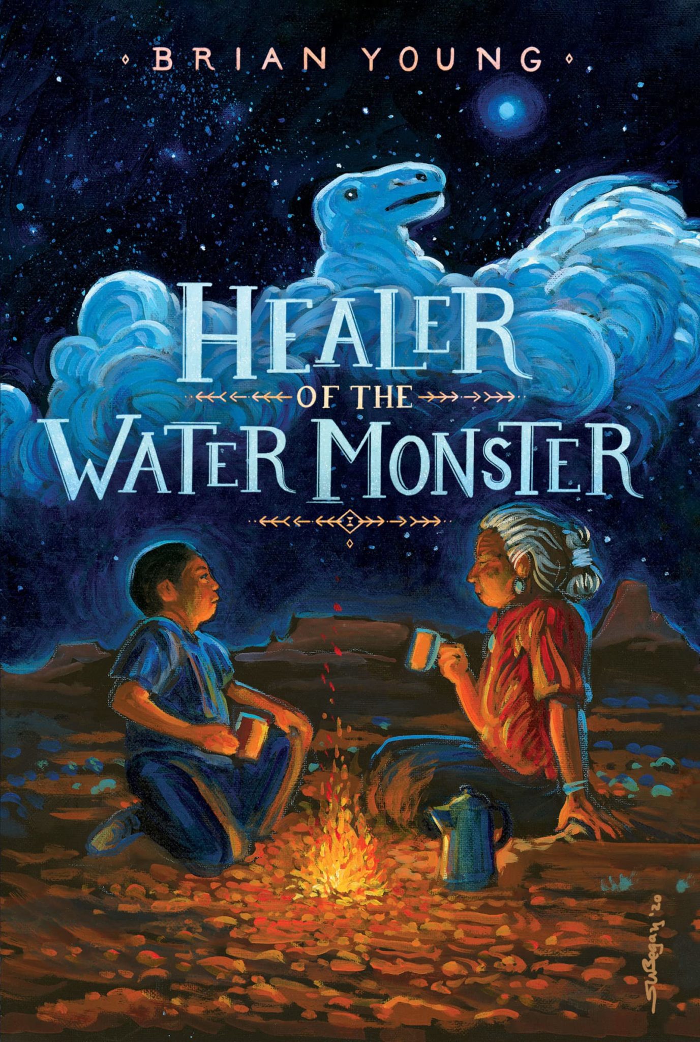 The cover of the book "Healer of the Water Monster" features a painting of a young Navajo boy and his grandmother seated on the desert ground at night. They hold mugs and talk around a campfire. In the sky, the clouds appear to form the shape of a water monster. 