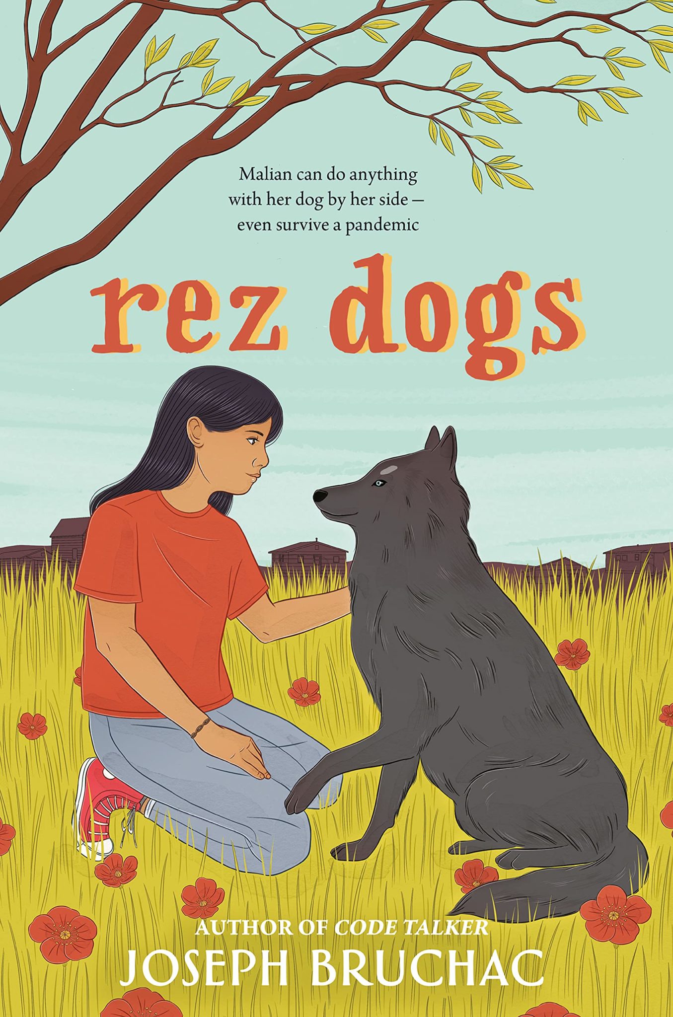 The cover of the book "Rez Dogs" features a Wabanaki girl wearing jeans and a red t-shirt. She is kneeling down in green grass below a tree to pet a large, black, wolf-like dog. 