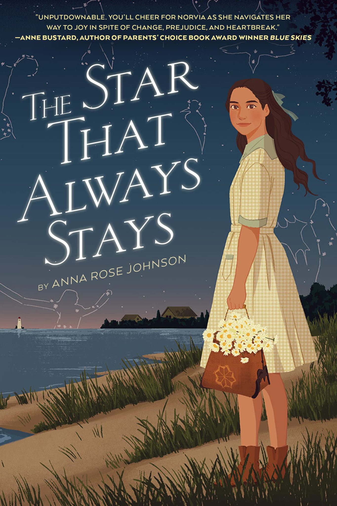 The cover of the book "The Star That Always Stays" features an Ojibwe tween girl in an early 1900s dress, hair bow, and boots. She stands on the sandy shore of a lake and holds a bag full of daisies. It's twilight, and there are constellations of animals and people in the sky. 