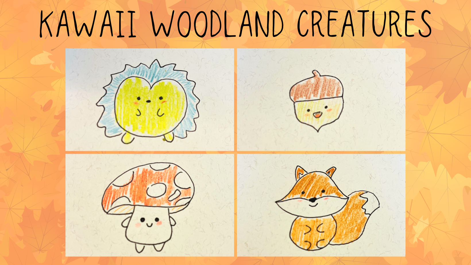 Woodland kawaii creatures - hedgehog, acorn, mushroom and fox