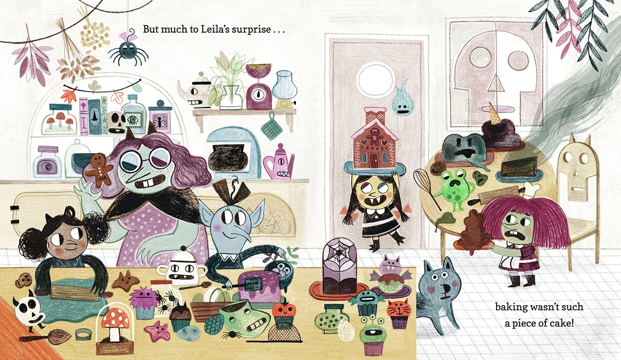 An excerpt from Leila, the Perfect Witch by Flavia Z. Drago. Leila and her family bake spooky treats in the kitchen together.