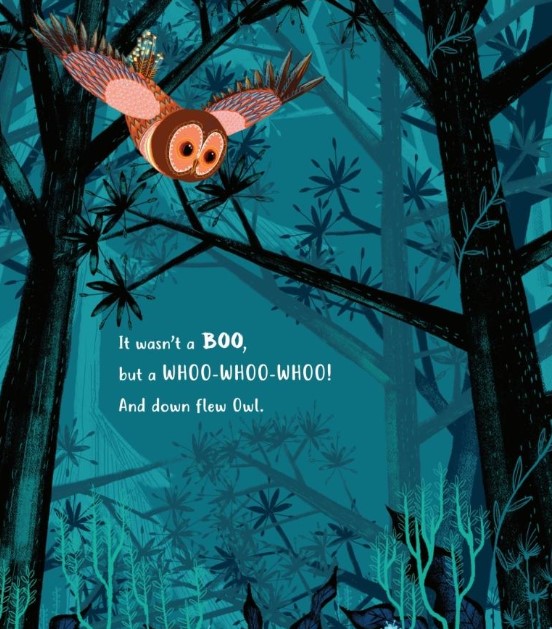 An excerpt from The Little Ghost Who Lost Her Boo! by Elaine Bickell. An brown and orange owl soars down from the canopy of a blue-black forest.