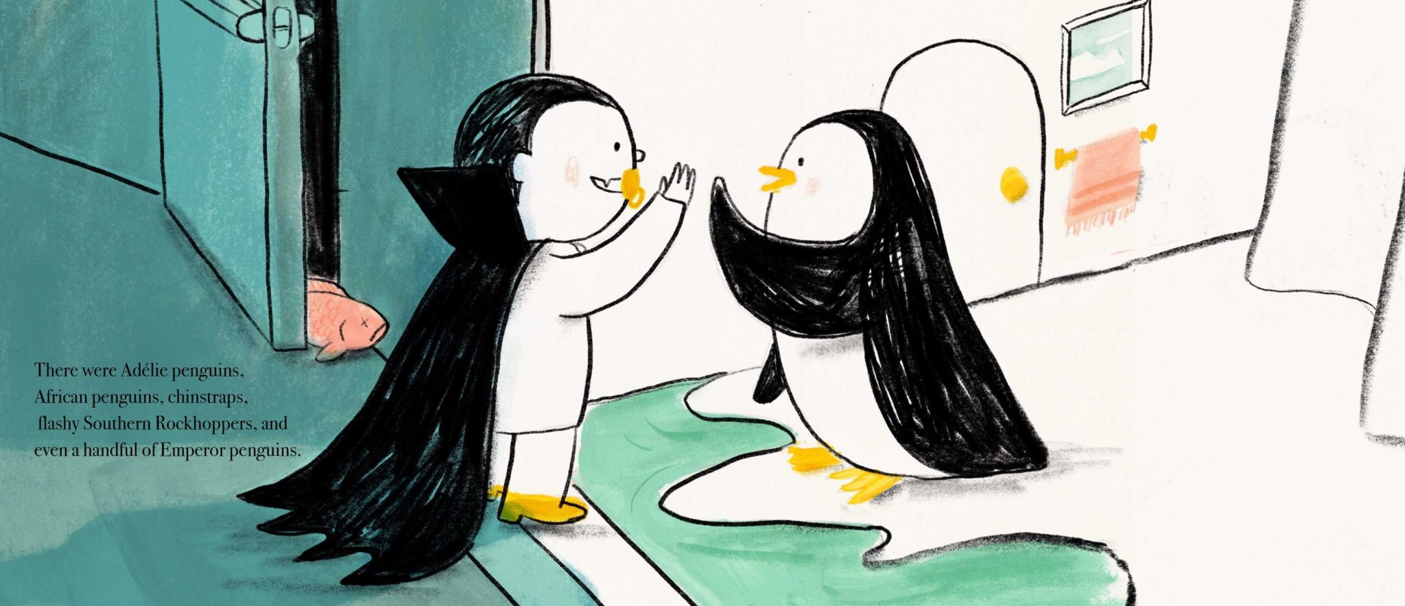 An excerpt from Vampenguin by Lucy Ruth Cummins. Baby Dracula meets a penguin through the glass at the zoo.