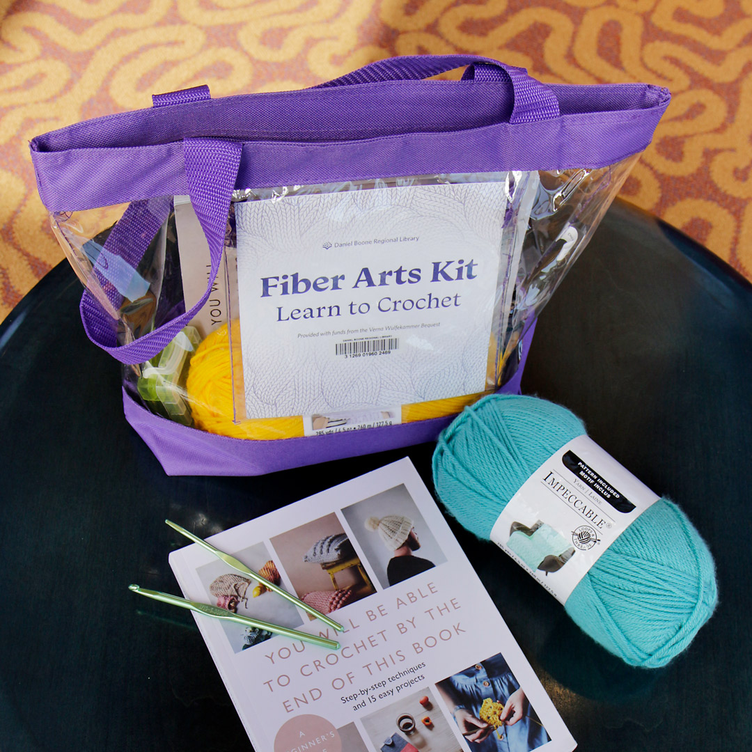 contents of the "Learn to Crochet" Fiber Arts Kit