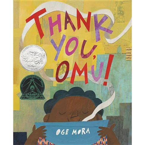 The cover of the picture book "Thank You, Omu!" features a little boy holding a steaming bowl of stew up to his face. He deeply inhales the delicious smell with a smile.