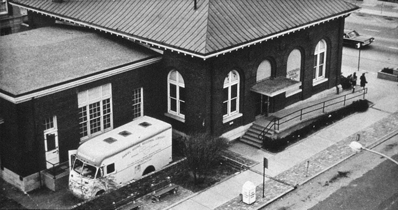 overhead photograph of the Columbia Public Library in the Gentry Building, 1968