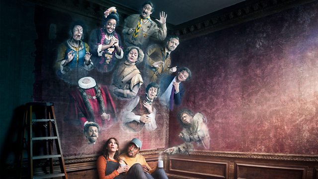 Promotional poster for the TV show Ghosts. Two adults, one white and one Black, are sitting on the floor next to a ladder and holding mugs of steaming tea. They adults are looking up at a variety of ghosts poking through the wall above them.