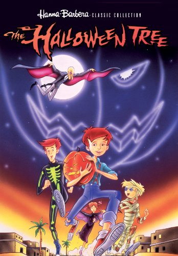 Movie poster for The Halloween Tree, featuring four children running in a desert-like landscape. A creepy humanoid figure flies in the sky above the children. The stars and moon align in the blue-black sky to suggest the shape of a sinisterly smiling jack-o’-lantern. 