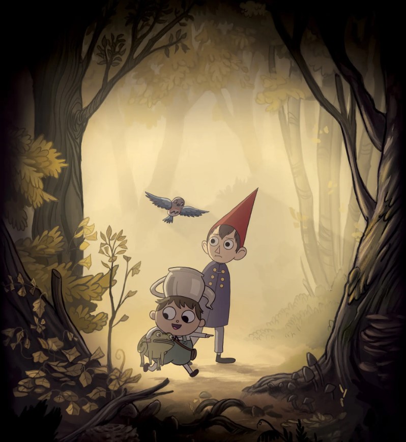 Promotional poster for the TV show Over the Garden Wall. Two brothers, one wearing a blue cap and red cone hat, the other wearing green overalls and an upside-down teapot on his head and holding a frog, walk through the woods. A blue bird follows behind them.
