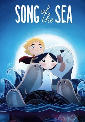 Movie poster for Song of the Sea, featuring two white children standing on top of a rock in the sea in front of a huge full moon. The children's sheep dog and various smiling seals crowd around them on the rock.