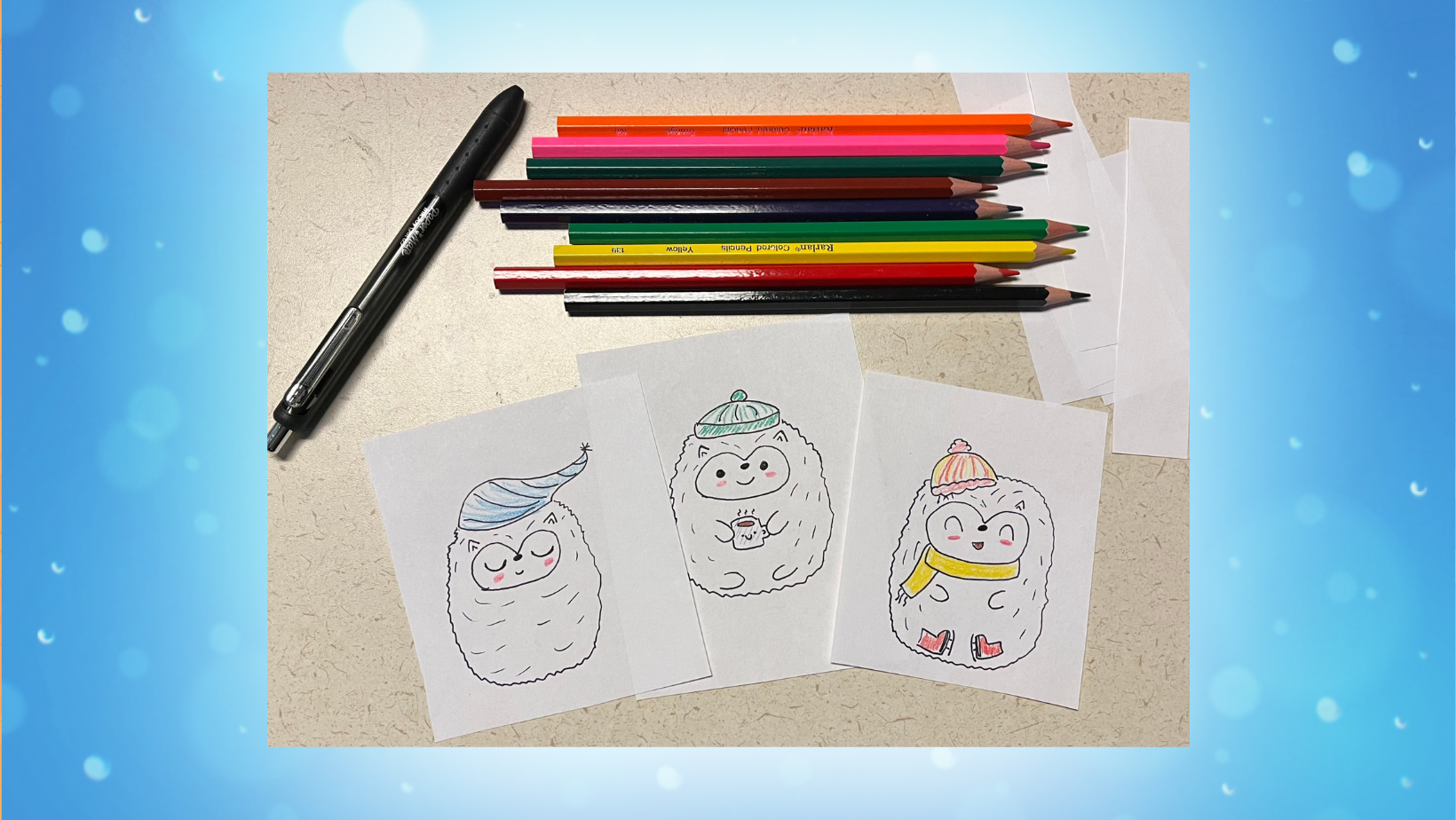 3 Yeti doodles, with a pen and colored pencils